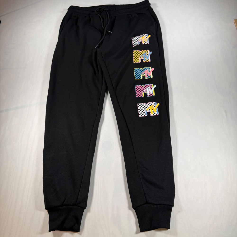 MTV Jogger Sweatpants Mens L Black Checkered Logo Graphic Retro Y2K Loungewear